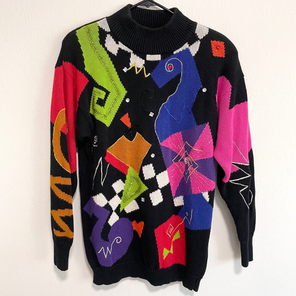 Vintage IB.Diffusion Knit Sweater S Colorful Art to Wear 90s Embellished Retro